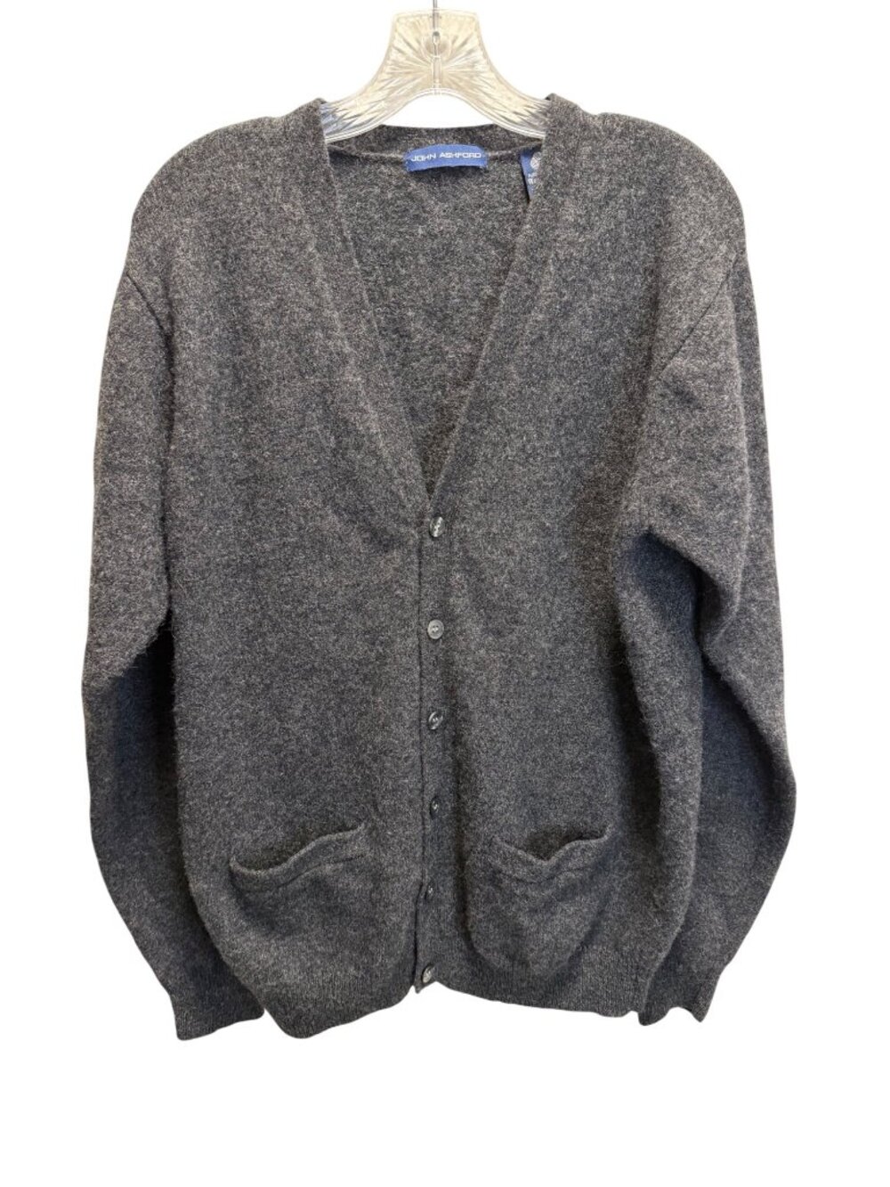 John Ashford Mens Gray 100% Wool Cardigan Sweater With Button Front & Pockets La
